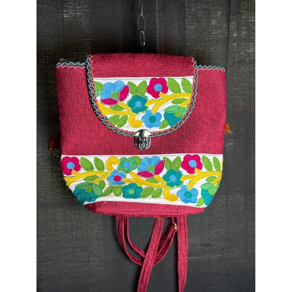 Woven Floral Embroidered Backpack Burgundy Boho Artisan Festival Daypack Small